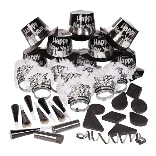 Fun Express Black & White New Year's Eve Party For 25 - Hats, Decor and NYE Party Supplies - 52 Pieces