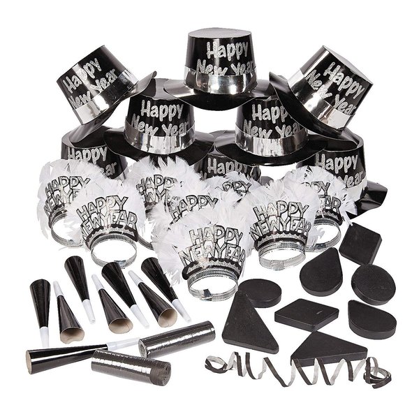 Fun Express Black & White New Year's Eve Party For 25 - Hats, Decor and NYE Party Supplies - 52 Pieces
