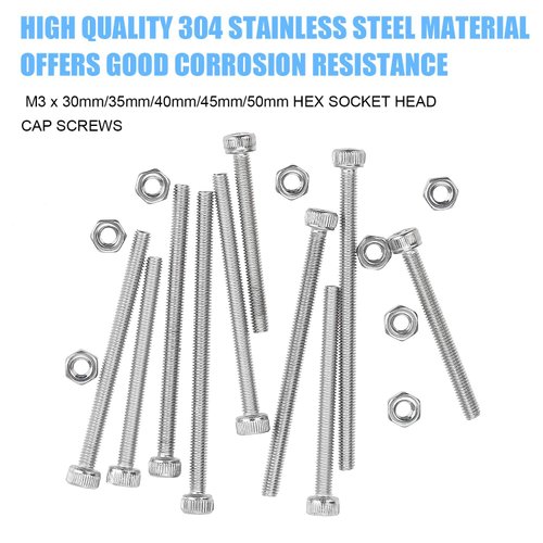 DYWISHKEY 200 Pieces M3 x 30mm/35mm/40mm/45mm/50mm Stainless Steel 304 Hex Socket Head Cap Bolts Screws and Nuts Kit