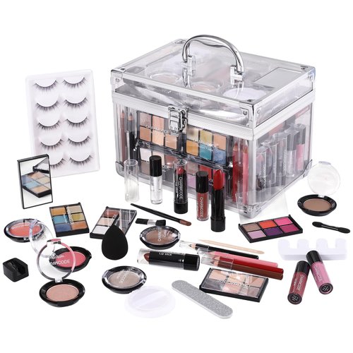Makeup Kit for Women Full Kit - Eyeshadow Palette, Lipsticks, Lipgloss, Blushes, Contour, Highlighters, Makeup Pencil, False Eyelashes, Re-usable Train Case Gift Set for Teen Girls Starters Pros