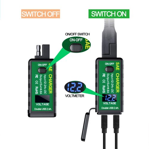 YONHAN Motorcycle Phone Charger 4.8A, SAE to USB Adapter with Voltmeter & ON/Off Switch, Dual USB Quick Charge 3.0 USB Charger Waterproof Motorcycle Accessories for Phone, Tablet, GPS, etc