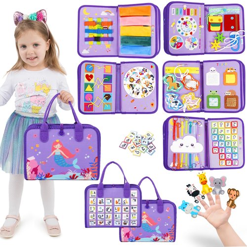 Esjay Toddler Busy Board, Montessori Toys Busy Book, Sensory Board Birthday Gifts for Girls Boys, Learning Educational Toy for Fine Motor Skills, Travel Activities for Airplane Car