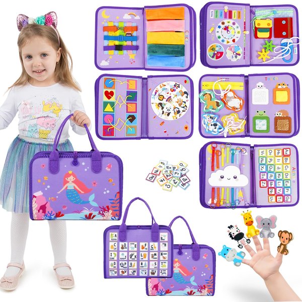 Esjay Toddler Busy Board, Montessori Toys Busy Book, Sensory Board Birthday Gifts for Girls Boys, Learning Educational Toy for Fine Motor Skills, Travel Activities for Airplane Car