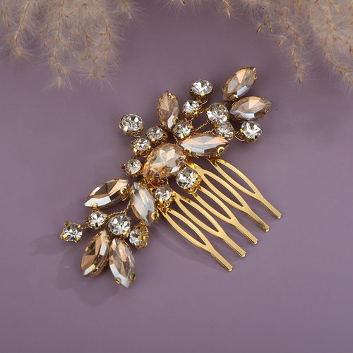 Teyglen Champagne Rhinestone Bridal Side Comb Crystal Bride Wedding Hair Comb Sparkly Hair Accessories Rhinestone Headpiece for Women Hair Piece (Champagne)