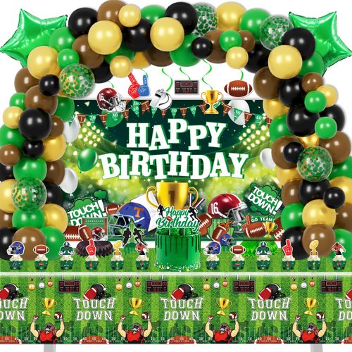 LXlucktim Football Birthday Party Decorations, 189 Pcs Football Themed Party Supplies for Boys Baby - Backdrop, Toppers, Balloons, Cupcakes Wrappers, Hanging Swirls, Tablecloth, Centerpieces