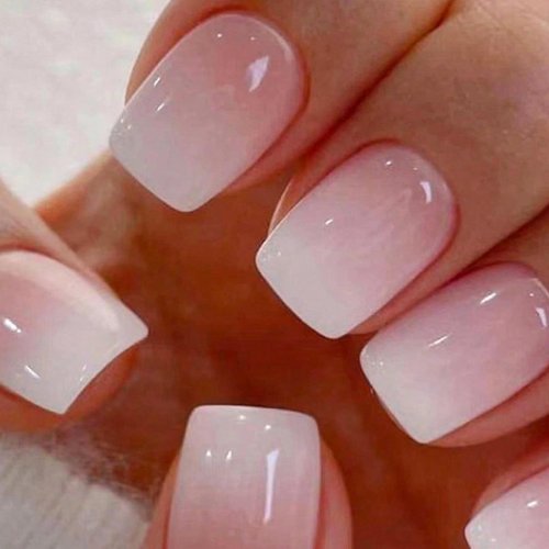 Ombre Press on Nails Short Square Fake Nails Nude False Nails Pink Nails Press ons Full Cover Acrylic Stick on Nails Gradient White French Tip Glossy Glue on Nails for Women Manicure Set 24Pcs
