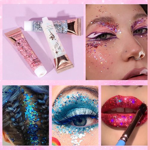 Easilydays Red Glitter Face Body Gel, Mermaid Sequins Face Glitter Gel, Holographic Chunky Glitter Face Paint for Halloween Festival Rave Hair Accessories Sparkling Glitter Makeup for Women (#03 Red)