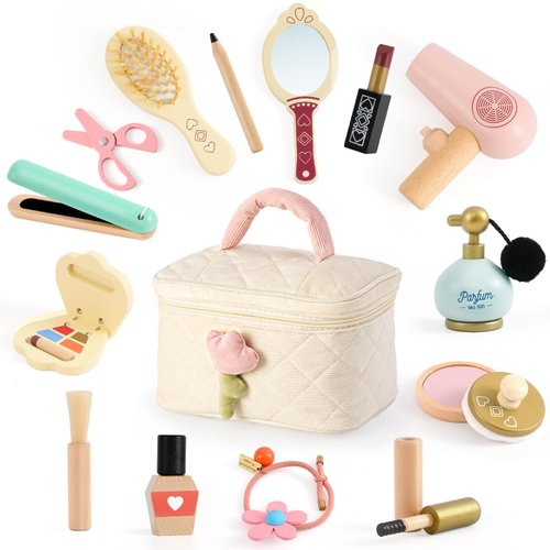 Atoylink Wooden Makeup Toy Set, 15Pcs Hair Salon Girl Toys Toddler Pretend Play Makeup Kit with Plush Makeup Bag Princess Beauty Realistic Accessories for Girls Age 3 4 5 6 Birthday Gifts
