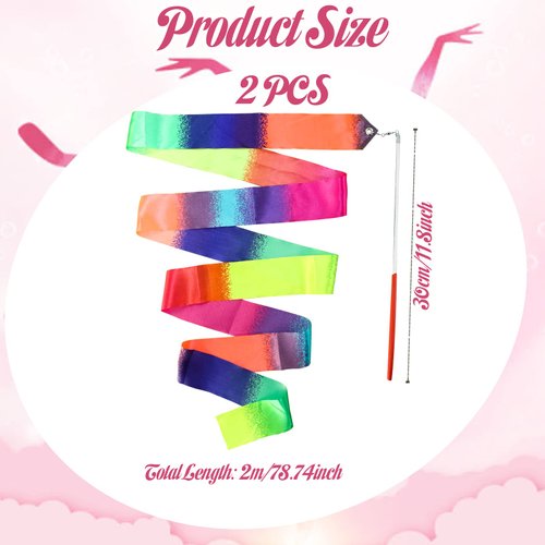 2Pcs Ribbon wands Rainbow Dance for Kids, 78.74 Inch Rhythmic Gymnastics Ribbon Dancer Wand with Rod, Soft Rainbow Ribbon Twirling Dance Streamers for Kids Girls Adults Artistic Dancing (Colorful)
