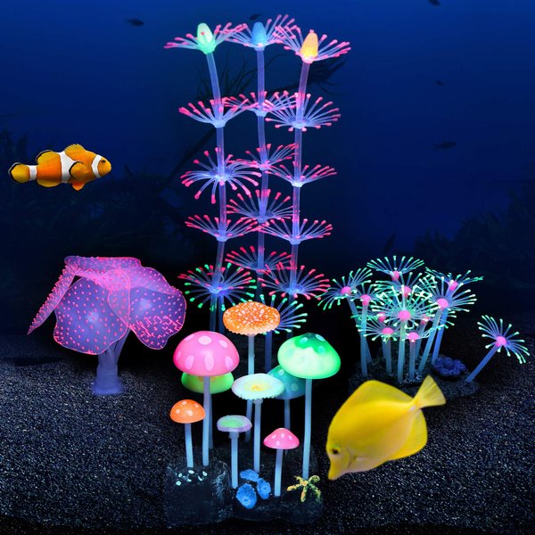 Filhome Glowing Fish Tank Decorations, 4 pcs Glow Aquarium Decoration Plants Kit Glowing Mushroom Coral Ornaments