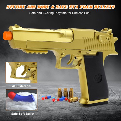Trokiomi Soft Bullet Gold Toy Gun - Blaster with Shell Ejecting - Toy Pistol Gift Box for Christmas Birthday Present for Boys Girls Adults Age 8+