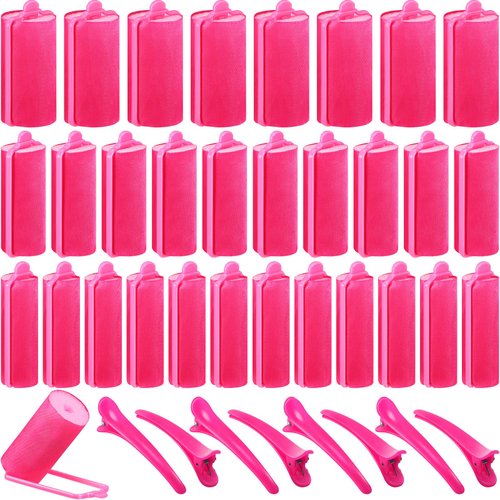 40 Pieces Sponge Hair Rollers Satin Rollers for Black Hair, Silk Rollers Foam hair Rollers Hair Curlers with Duck Teeth Hair Clips for Hairdressing Styling (Rose Red,Multi-size)