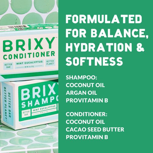 BRIXY Shampoo and Conditioner Bar Set for Balance & Hydration, Vegan & Plastic Free, All Hair Types, pH Balance & Safe for Color Safe - Mint Eucalyptus