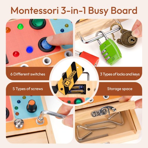 Woodtoe 3-in-1 Busy Board with Led Light Switch, Montessori Toddler Screwdriver Board, Sensory Lock and Key Toys, Educational Fine Motor Skills Travel Toys for Toddlers Boys and Girls 3 4 5 Year Old