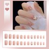 Heart Charm Press on Nails Short Coffin Nails Reusable Nude Fake Nails with Pearl Diamond False Nails with Glossy Glue on Nails Full Cover Glitter Acrylic Nails for Women Girls 24 Pcs