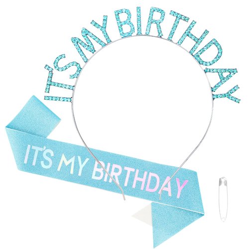 BAHABY Birthday Crowns for Women, It's My Birthday Sash & Birthday Headband Set Princess Birthday Sash and Tiara Birthday Gifts for Women Girls Sweet Happy Birthday Accessories for Party- Blue