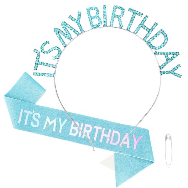 BAHABY Birthday Crowns for Women, It's My Birthday Sash & Birthday Headband Set Princess Birthday Sash and Tiara Birthday Gifts for Women Girls Sweet Happy Birthday Accessories for Party- Blue