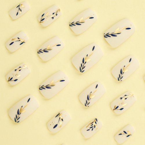LBPEPAMZ 24Pcs Medium Square Press on Nails Jade White Color Chinese Style Fake Nails Gold Blue Leaves Design Nails Full Cover Uñas Postizas Spring Summer Matte False Nails for Women Daily Wear