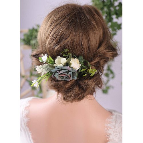 Anglacesmade Bridal Flower Hair Comb Navy Blue Rose Blush Daisy Eucalyptus Greenery Headpiece for Rustic Wedding Photo Shoot Prom Party Festival