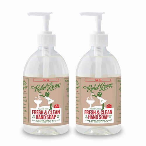 Rebel Green Fresh & Clean Hand Soap - Moisturizing Natural Bathroom & Kitchen Liquid Soap - Gentle Household Hand Wash - Chai Tea, 12 Fl Oz (Pack of 2)
