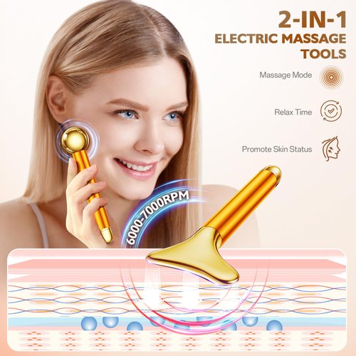 Amirce Gua Sha and Ice Roller Facial Tools, Electric Face Massager Device for Skin Care, Facial Device for Eye, Jaw, Scalp, Face and Neck, 2-in-1 Gua Sha and Ice Roller for Face Set(Gold)