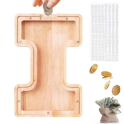 LIHMHSA Alphabet I Wooden Letter Piggy Bank | Coin Bank for Boys, Girls, and Toddlers | Birthday Gift for Kids | Children's Day Present | Family Financial Management Tool | Can Serve as Home Decor