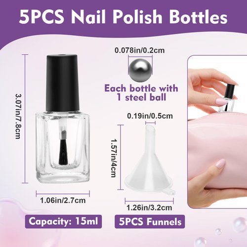 AHIER Empty Nail Polish Clear Bottles with Brush Cap Funnel and Mixing Ball (15ml 5p)