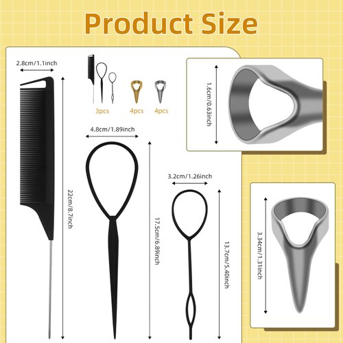 11PCS Hair Braiding Tools Ring Set with 8 Metal Pinky Hair Parting Rings/Braid Aid Finger Parting Tool, 1PCS Rat Tail Comb/Braiding Combs/ 2 Parting Tool Rings for Stitch Braiding Finger Tool