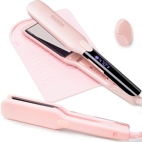 ANGENIL Pro Titanium Flat Iron Hair Straightener 1.75" Wide, Salon Grade Dual Voltage Straightening and Curler 2-in-1 with Heat Resistant Silicone Mat, Adjustable Temp 240°F-470°F, 15s Fast Heating