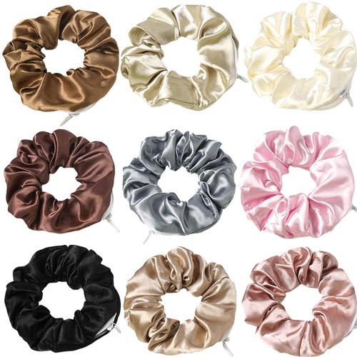 DINPREY Women's Premium Silk Scrunchies with Zipper Pouch, 9 Pcs Hair Ties Ropes, Secret Zipper Hidden Pocket Scrunchies, Tie Soft Stash Hair Elastic Ties for Vsco Girl Stuff