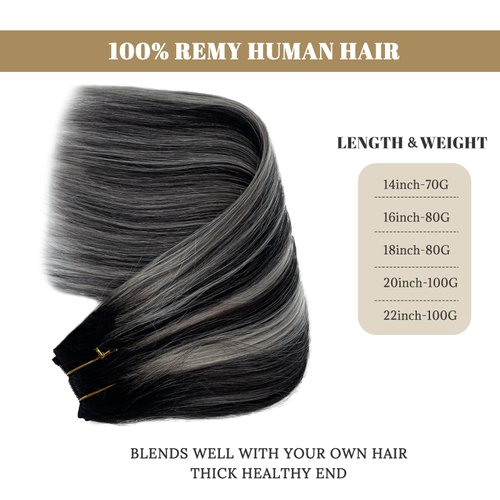 Halos Hair Extensions Natural Black Highlights Grey Fish Line Hair Extensions Human Hair Ombre Colored 1BGrey Highlight Invisible Wire Extensions Human Hair for Women 18Inch 80G