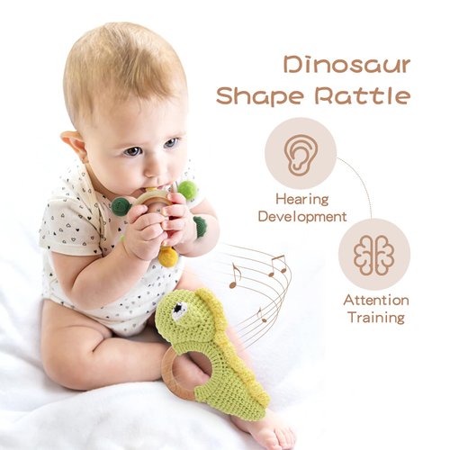 JETM·HH Teether Ring Wooden Baby Rattle Crochet Green Dinosaur Set | Infant Teething Toy | BPA Free Silicone Chewable Rings with Organic Featuring Multiple Textures | Crochet Rattle Baby