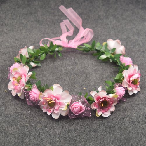 Artfen Bridal Flower Garland Headband Flower Crown Hair Wreath Halo Adjustable Ribbon Wedding Festivals Photography Pink