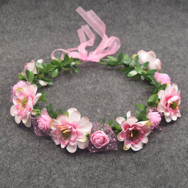 Artfen Bridal Flower Garland Headband Flower Crown Hair Wreath Halo Adjustable Ribbon Wedding Festivals Photography Pink