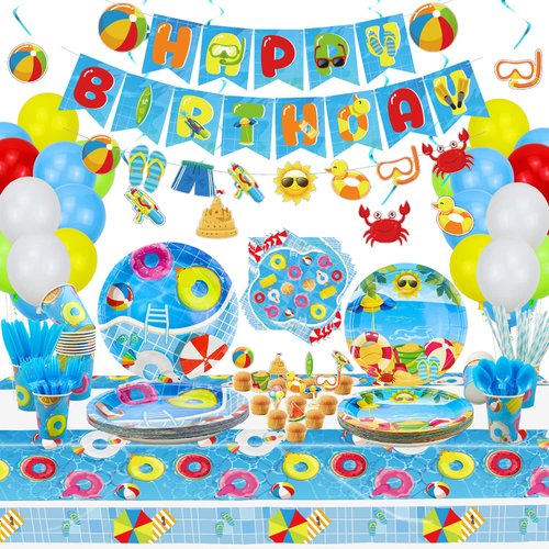 Beach Ball Birthday Party Supplies - Pool Party Decorations Set Includes HAPPY BIRTHDAY Banner, Hanging Swirl, Plates, Cups, Napkins, Tableware, Tablecloth, Balloons - Serves 20