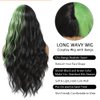 meiliprotea Half Black Half Green Wig with Bangs Long Wavy Costume Wig 26 Inches Green Highlight Curly Wavy Synthetic Wigs for Women Halloween Cosplay Party Show (Black and Green)