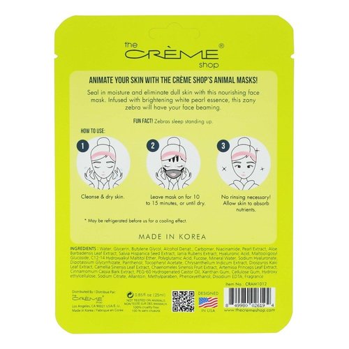 The Crème Shop Korean Skincare Beauty Full Facial Advanced Sheet Daily Natural Essence easy-to-use Soothing - Up, Skin Animal face sheet mask/Animated Korean face sheet mask (Zebra)