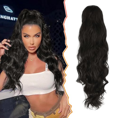 BARSDAR Drawstring Ponytail Extension, 26 In Long Wavy Ponytail Hair Extensions for Women Synthetic Black Clip in Pony Tails Hairpieces Girls Daily Party Halloween (Off Black)