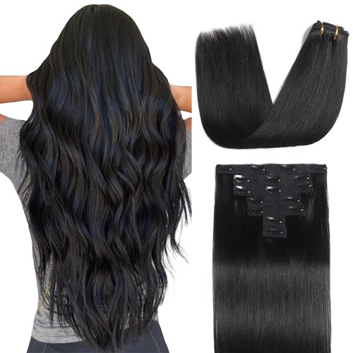 Sisily Clip in Hair Extensions Real Human Hair, Premium Human Hair Clip in Extensions Natural Black, Soft Straight Hair Extensions Real Human Hair Clip ins 7PCS Double Weft（14 Inch #1B）