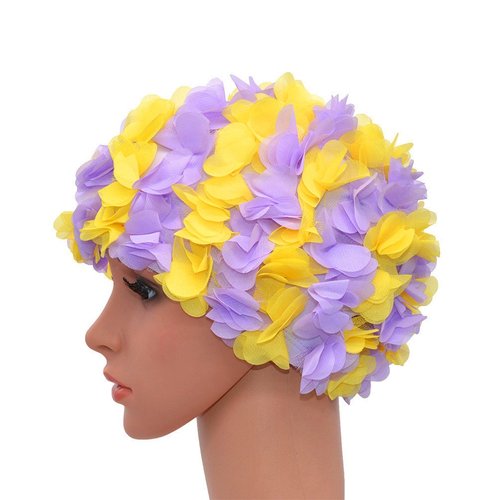 Medifier Lace Vintage Swim Cap Floral Petal Retro Style Bathing Caps for Women Rose Purple and Yellow