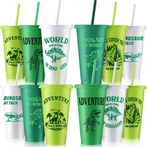 Mifoci 12 Pcs Dinosaur Party Favor Plastic Cup 24 oz Dinosaur Cup with Lids and Straws Set Kids Reusable Plastic Cups Dinosaur Cup Decorations for Beverage Birthday Party Dino Supplies (Green)