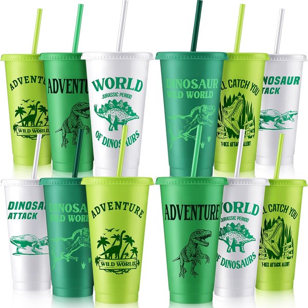 Mifoci 12 Pcs Dinosaur Party Favor Plastic Cup 24 oz Dinosaur Cup with Lids and Straws Set Kids Reusable Plastic Cups Dinosaur Cup Decorations for Beverage Birthday Party Dino Supplies (Green)