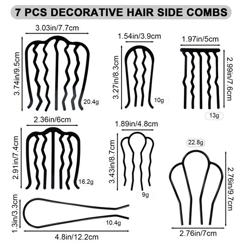 7 Piece Hair Side Combs Metal Hair Pins for Updo Buns Hair Fork Clip U Shaped French Twist Comb Decorative Hair Combs for Women Girls Hair Styling Accessories, Black