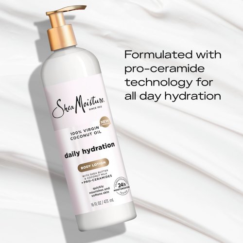SheaMoisture Daily Hydration Body Lotion with 100% Virgin Coconut Oil, Shea Butter, Coconut Milk and Pro-Ceramides, Quickly Nourish & Soften Skin, 24H Moisturizing 16 oz