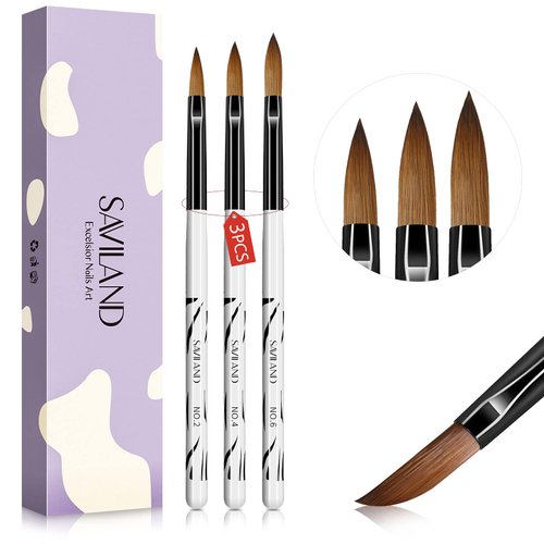 Saviland 3pcs Acrylic Nail Brush Set - 3D Nail Art Brush Size 2/4/6 Nail Carving Nail Extension with Acrylic Powder, 3D Brush for Acrylic Nails Wooden handle 3A+ Nylon Acrylic Nail Brush