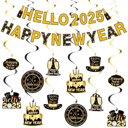 Happy New Year Banner - Black Gold Hanging Swirl New Years Eve Party Supplies 2025 Happy New Year Decorations 2025 Happy New Years Eve Party Decor