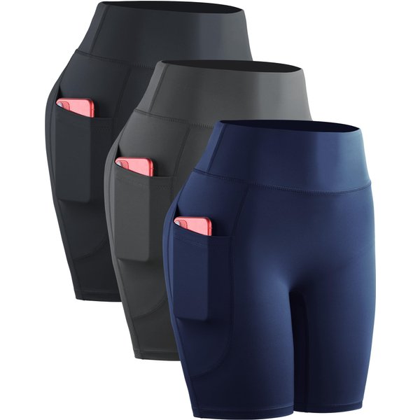 NELEUS Women's 3 Pack Biker Shorts High Waist Running Yoga Shorts with Pockets,9119,Black/Grey/Dark Navy,3 Pack,L