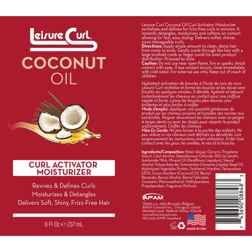 Leisure Curl Coconut Oil Curl Activator Moisturizer, 8 oz | Revives, Defines Curls, Moisturizes, Detangles, Delivers Soft Shiny Frizz-Free Hair