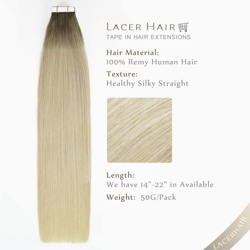 Lacerhair Rooted Tape in Hair Extensions Human Hair Seamless Skin Weft Real Remy Invisible Natural Hair #8G/60A Double Sided Light Platinum Blond with Light Ash Brown Roots 20" 50g