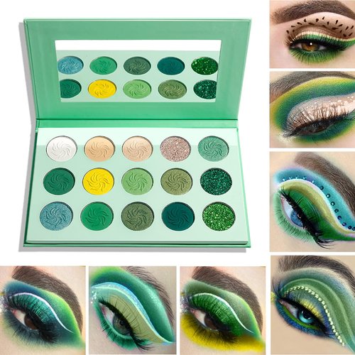 15 Color Green Eyeshadow Palette Green Glitter Eyeshadow Highly Pigmented, Forest Green Makeup Pa...